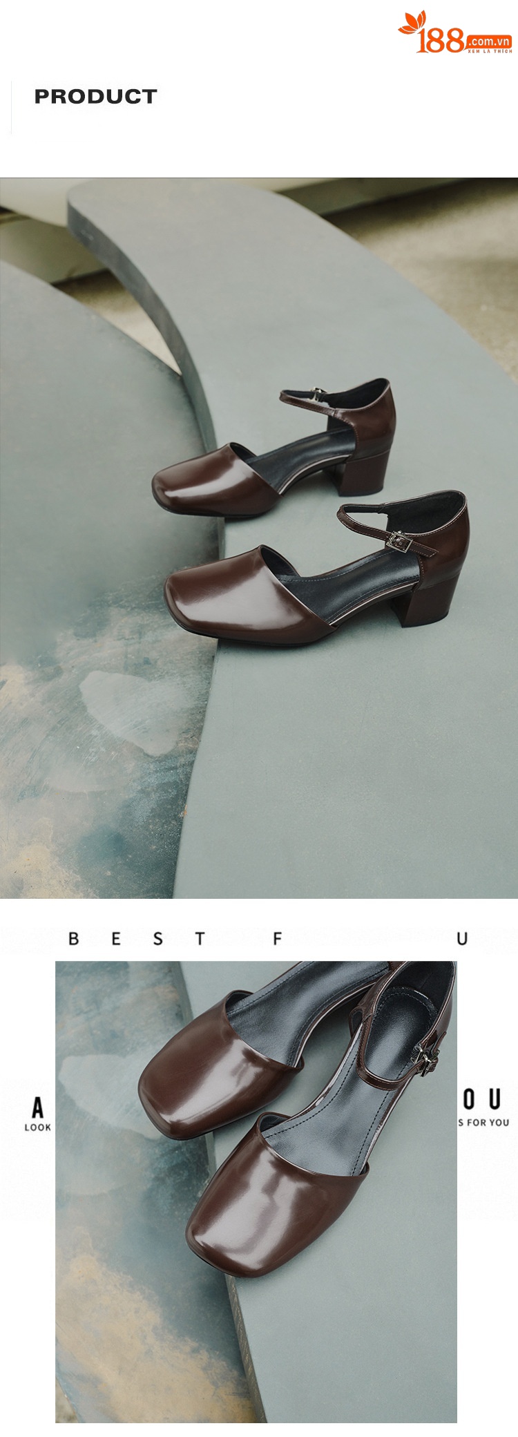Giày sandal cao gót nữ quai ngang mũi vuông gót 5 cm — màu nâu chi tiết 7