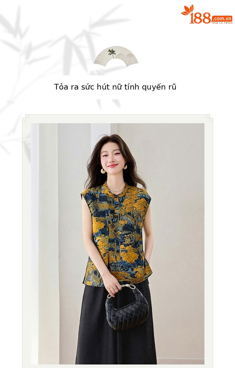 Bộ quần áo hai mảnh mùa hè 2026: áo ba lỗ cổ đứng in họa tiết kết hợp quần ống rộng — màu đen, màu tím chi tiết 6