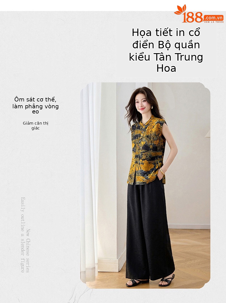 Bộ quần áo hai mảnh mùa hè 2026: áo ba lỗ cổ đứng in họa tiết kết hợp quần ống rộng — màu đen, màu tím chi tiết 9