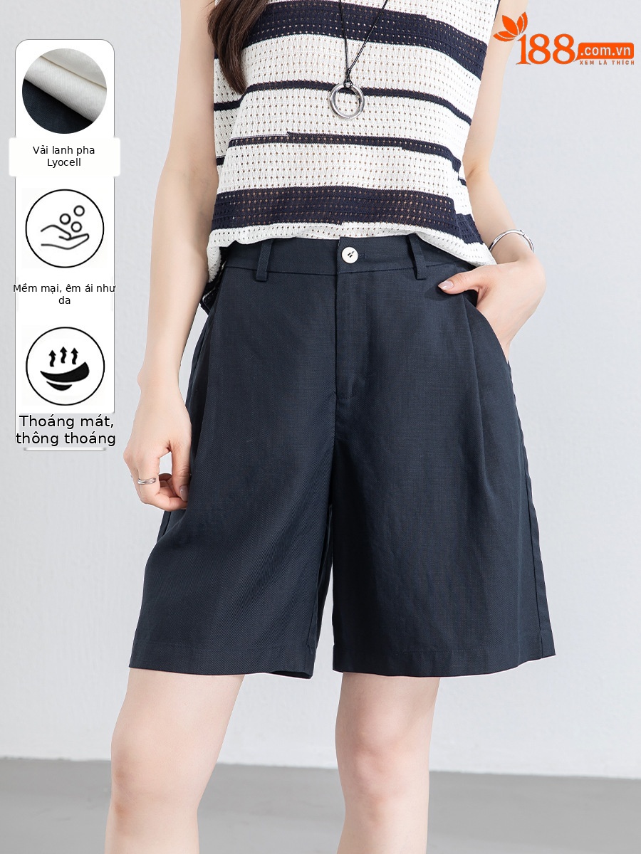 Quần short nữ cạp cao dáng chữ A ống rộng chất liệu linen phối lụa thoáng mát — màu xanh navy