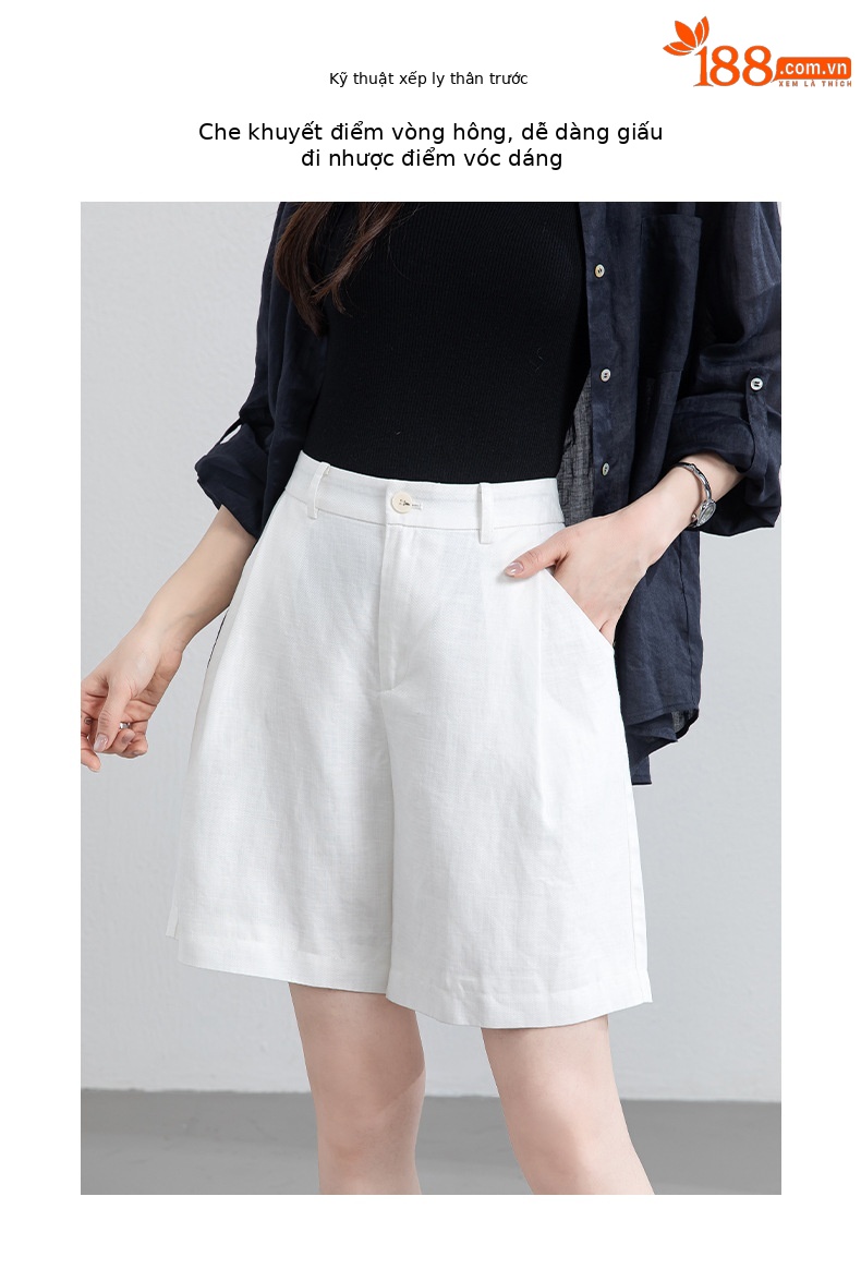 Quần short nữ cạp cao dáng chữ A ống rộng chất liệu linen phối lụa thoáng mát — màu xanh navy chi tiết 5