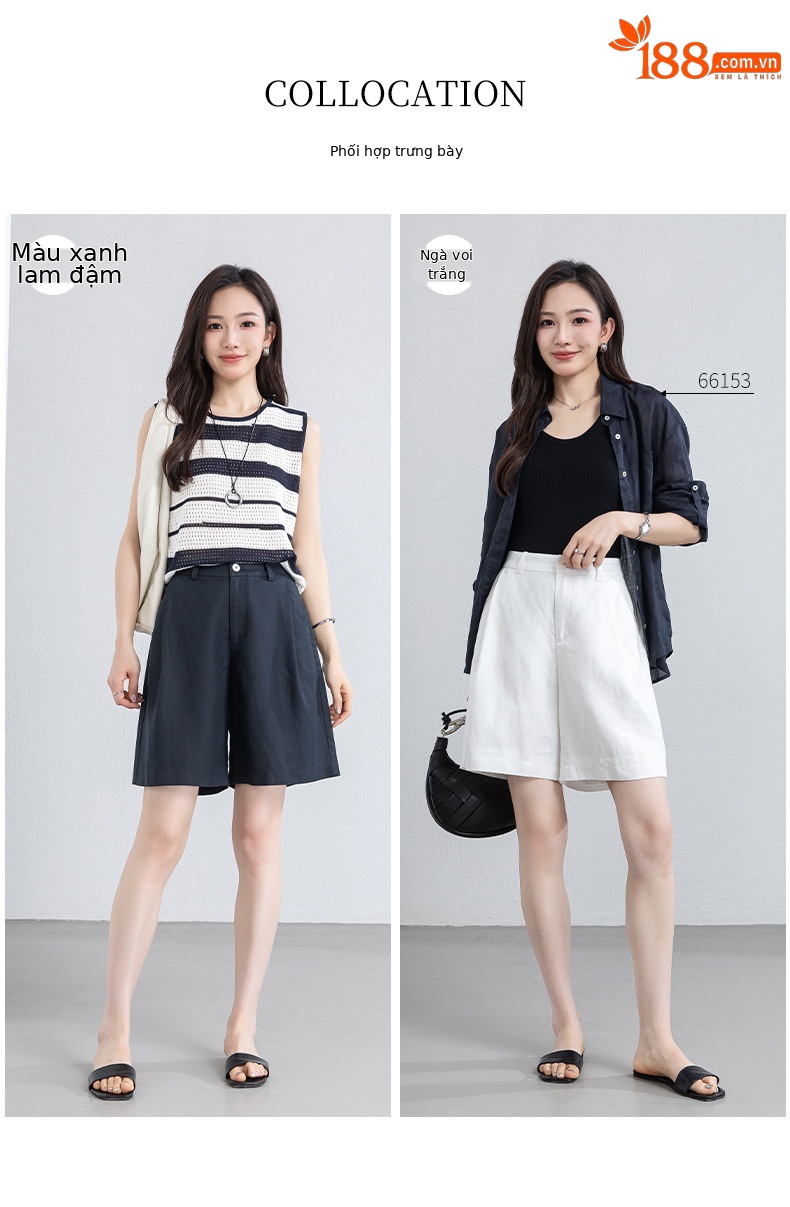 Quần short nữ cạp cao dáng chữ A ống rộng chất liệu linen phối lụa thoáng mát — màu xanh navy chi tiết 7