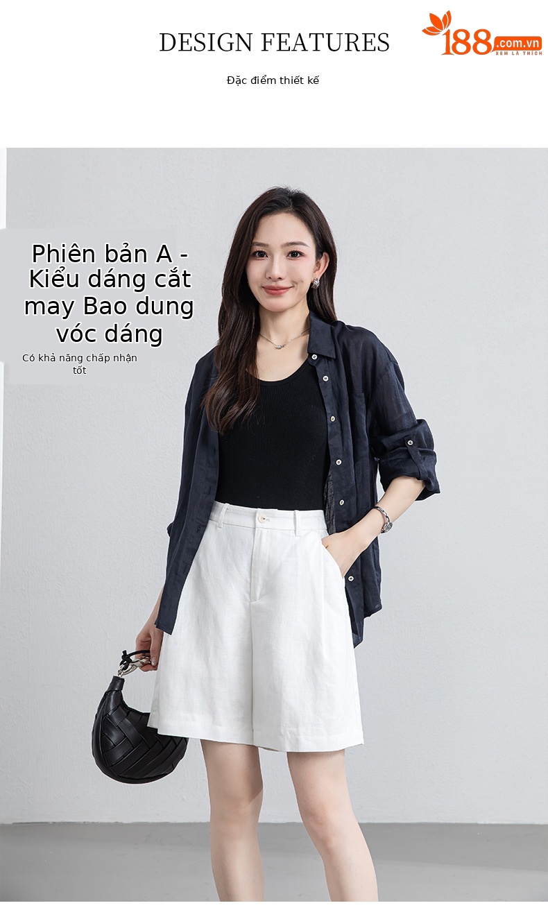 Quần short nữ cạp cao dáng chữ A ống rộng chất liệu linen phối lụa thoáng mát — màu xanh navy chi tiết 8