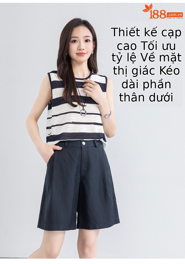 Quần short nữ cạp cao dáng chữ A ống rộng chất liệu linen phối lụa thoáng mát — màu xanh navy chi tiết 9