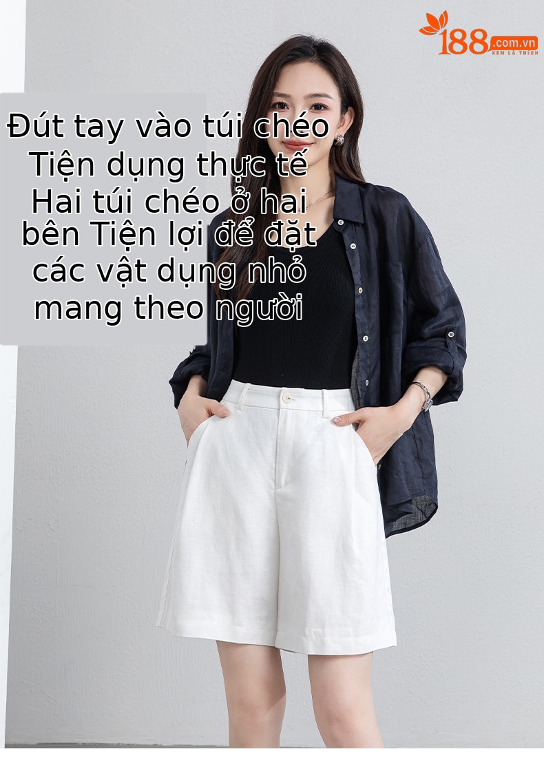 Quần short nữ cạp cao dáng chữ A ống rộng chất liệu linen phối lụa thoáng mát — màu xanh navy chi tiết 10