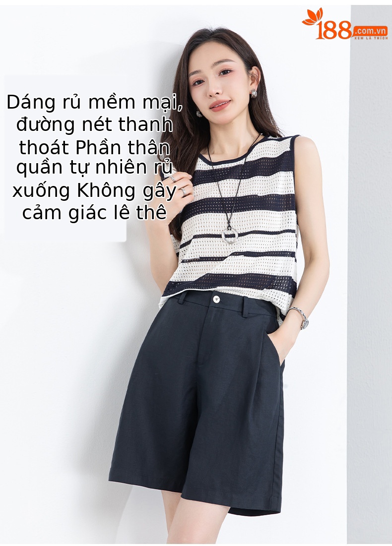 Quần short nữ cạp cao dáng chữ A ống rộng chất liệu linen phối lụa thoáng mát — màu xanh navy chi tiết 11