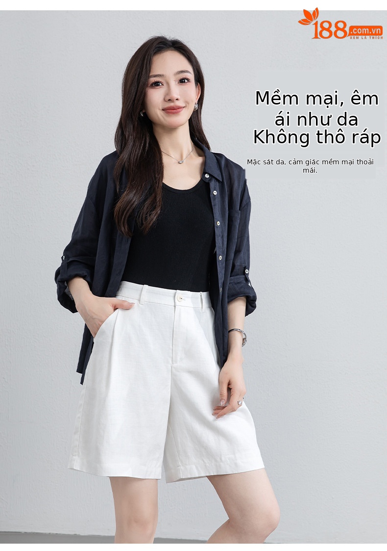 Quần short nữ cạp cao dáng chữ A ống rộng chất liệu linen phối lụa thoáng mát — màu xanh navy chi tiết 12