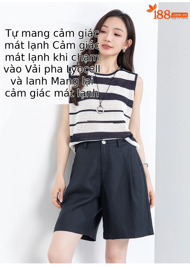 Quần short nữ cạp cao dáng chữ A ống rộng chất liệu linen phối lụa thoáng mát — màu xanh navy chi tiết 13