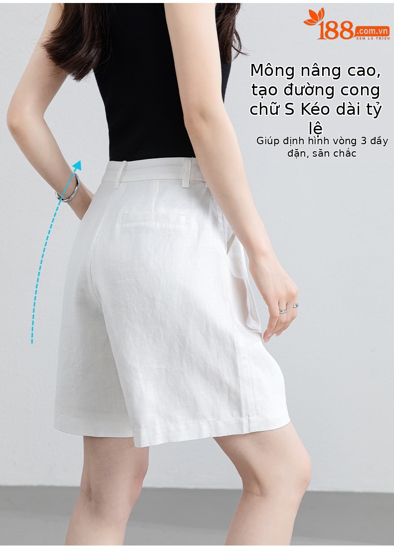 Quần short nữ cạp cao dáng chữ A ống rộng chất liệu linen phối lụa thoáng mát — màu xanh navy chi tiết 14