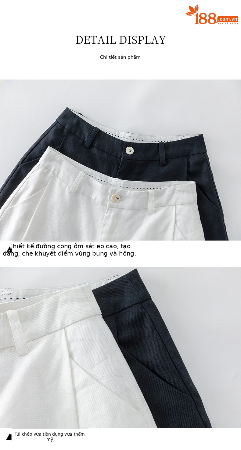 Quần short nữ cạp cao dáng chữ A ống rộng chất liệu linen phối lụa thoáng mát — màu xanh navy chi tiết 15