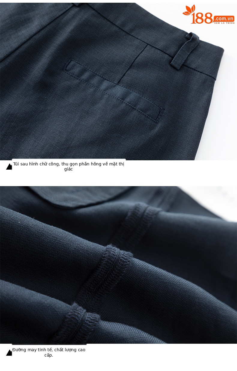Quần short nữ cạp cao dáng chữ A ống rộng chất liệu linen phối lụa thoáng mát — màu xanh navy chi tiết 18