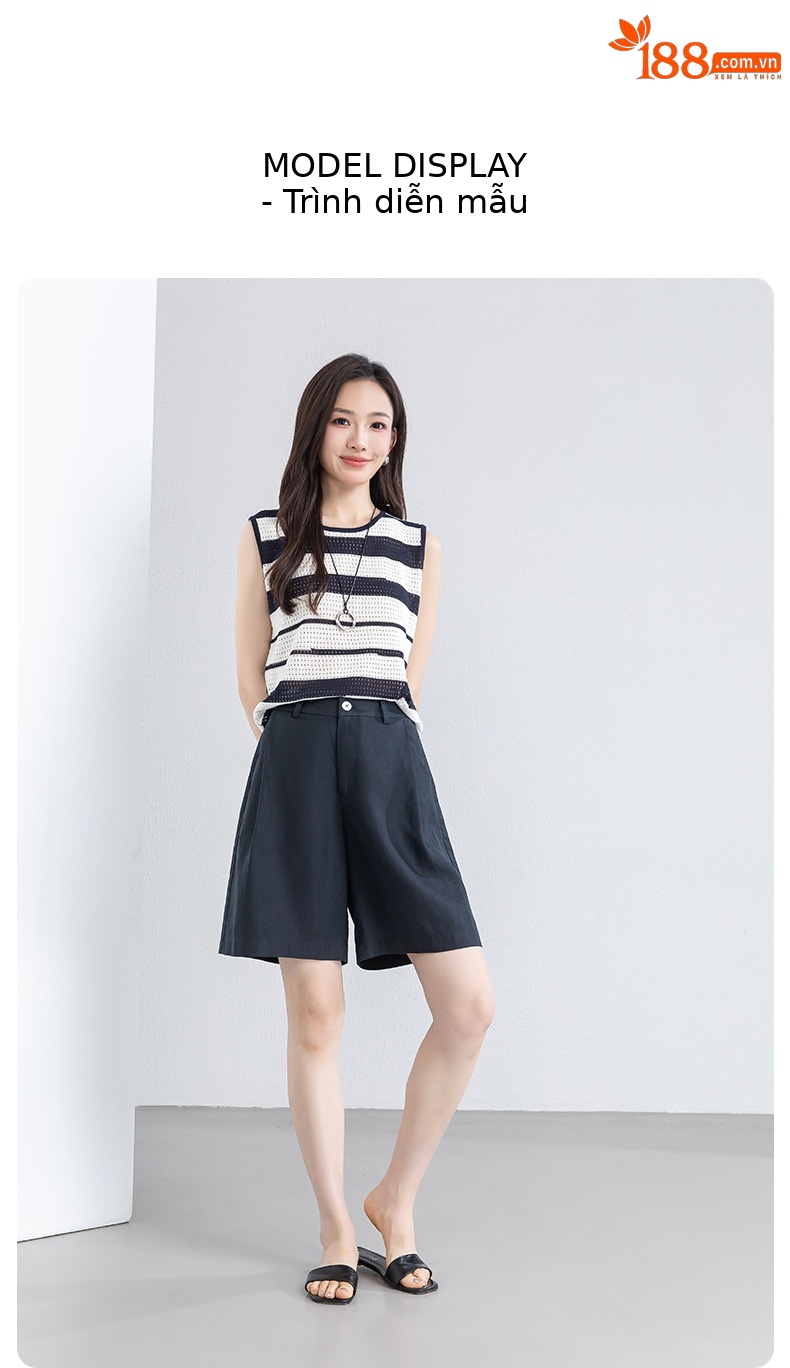 Quần short nữ cạp cao dáng chữ A ống rộng chất liệu linen phối lụa thoáng mát — màu xanh navy chi tiết 19