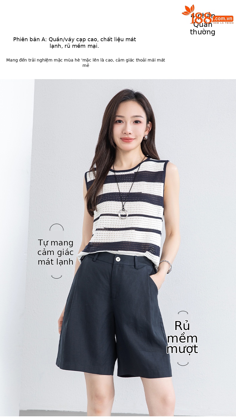 Quần short nữ cạp cao dáng chữ A ống rộng chất liệu linen phối lụa thoáng mát — màu xanh navy chi tiết 1