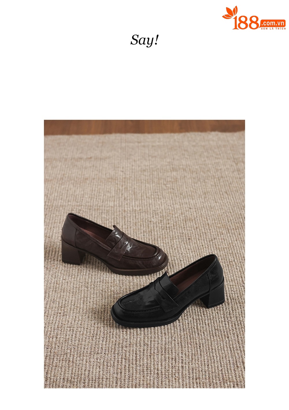 Giày cao gót nữ mũi tròn da dê gót vuông ổn định kiểu loafer — màu nâu chi tiết 5