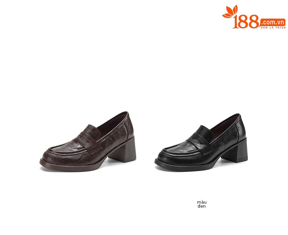 Giày cao gót nữ mũi tròn da dê gót vuông ổn định kiểu loafer — màu nâu chi tiết 7