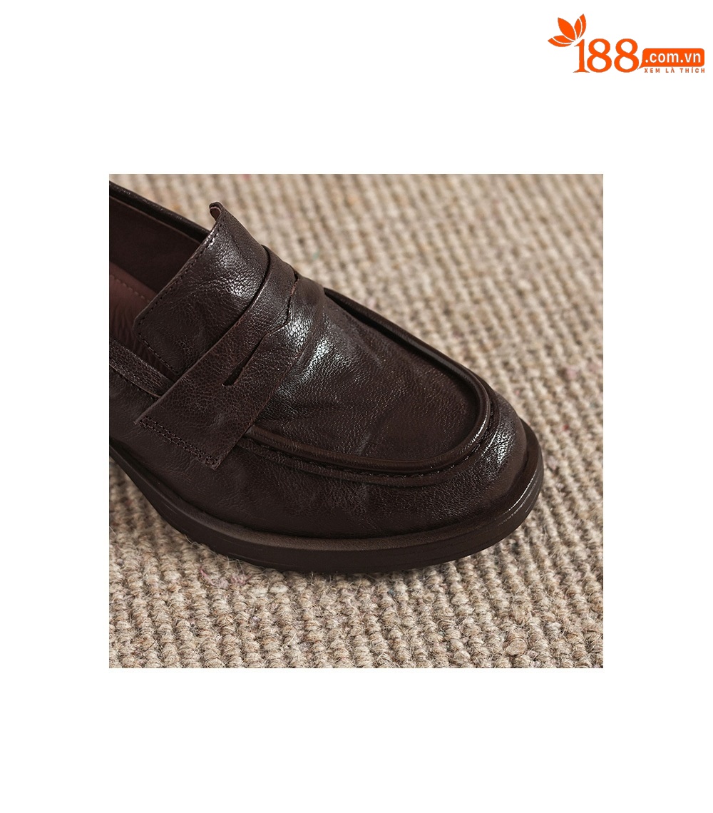 Giày cao gót nữ mũi tròn da dê gót vuông ổn định kiểu loafer — màu nâu chi tiết 8