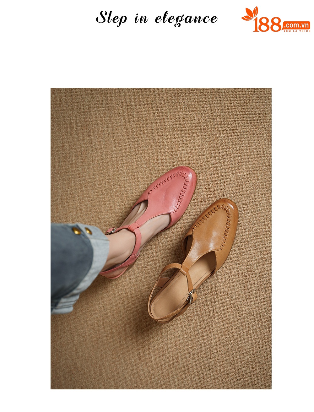 Sandal nữ mũi nhọn quai chữ T da bò gót 5 cm phong cách vintage — Màu hồng chi tiết 1