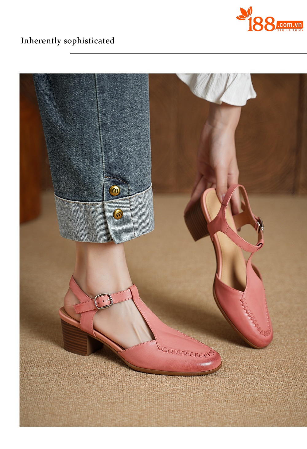 Sandal nữ mũi nhọn quai chữ T da bò gót 5 cm phong cách vintage — Màu hồng chi tiết 5