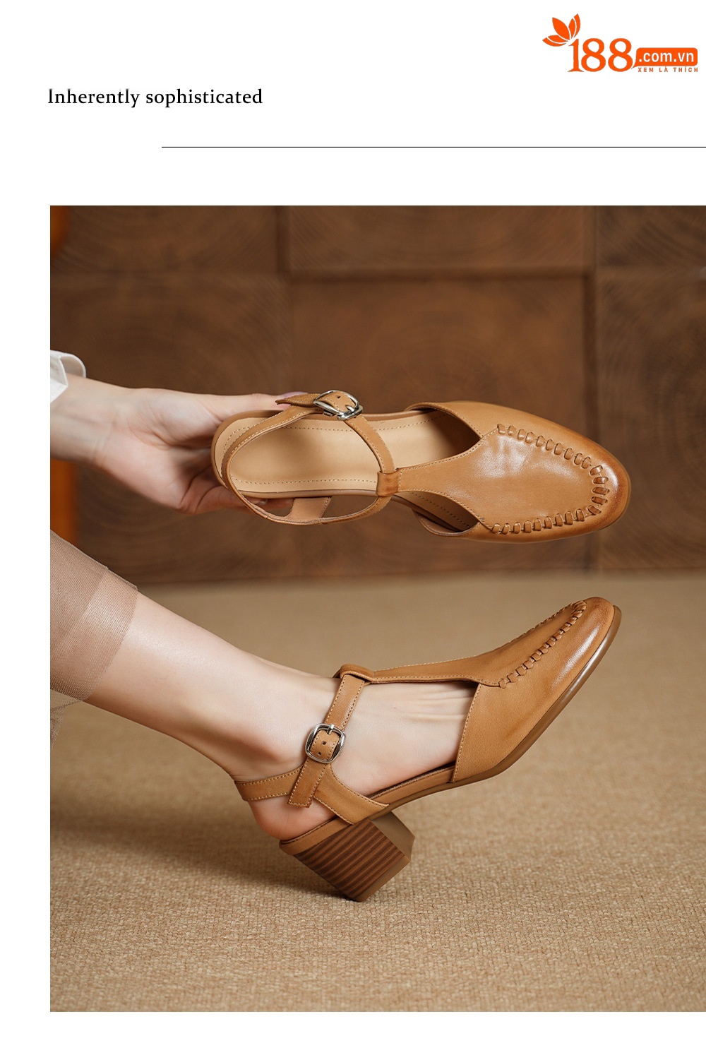 Sandal nữ mũi nhọn quai chữ T da bò gót 5 cm phong cách vintage — Màu hồng chi tiết 9