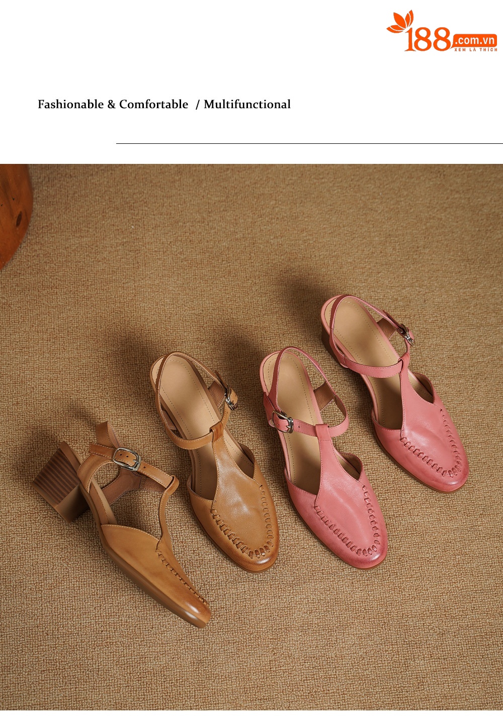 Sandal nữ mũi nhọn quai chữ T da bò gót 5 cm phong cách vintage — Màu hồng chi tiết 13