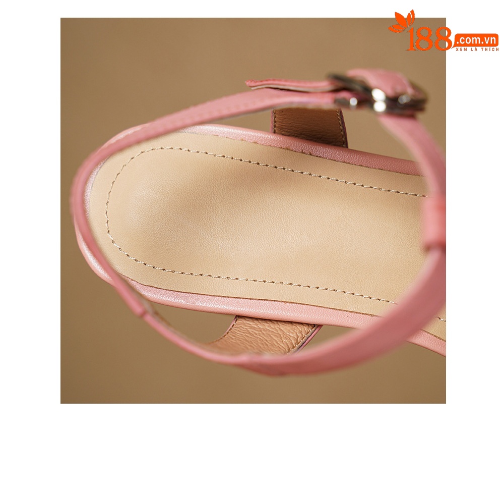 Sandal nữ mũi nhọn quai chữ T da bò gót 5 cm phong cách vintage — Màu hồng chi tiết 19