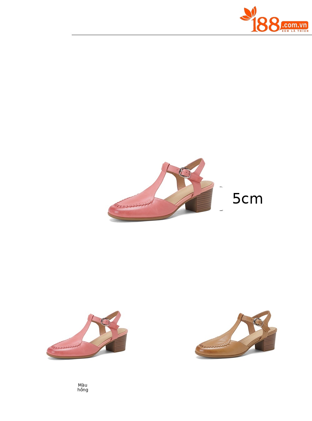 Sandal nữ mũi nhọn quai chữ T da bò gót 5 cm phong cách vintage — Màu hồng chi tiết 2