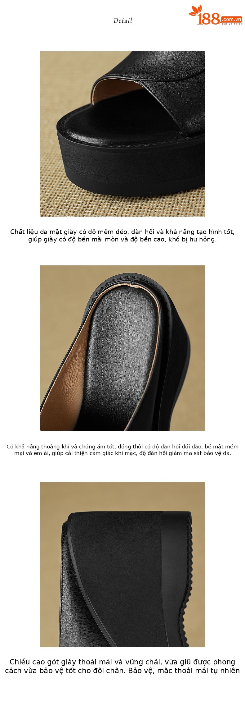 Sandal cao gót nữ mũi hở đế xuồng da thật tăng chiều cao — màu đen, màu mơ chi tiết 4