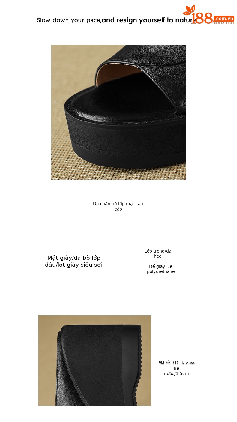 Sandal cao gót nữ mũi hở đế xuồng da thật tăng chiều cao — màu đen, màu mơ chi tiết 3