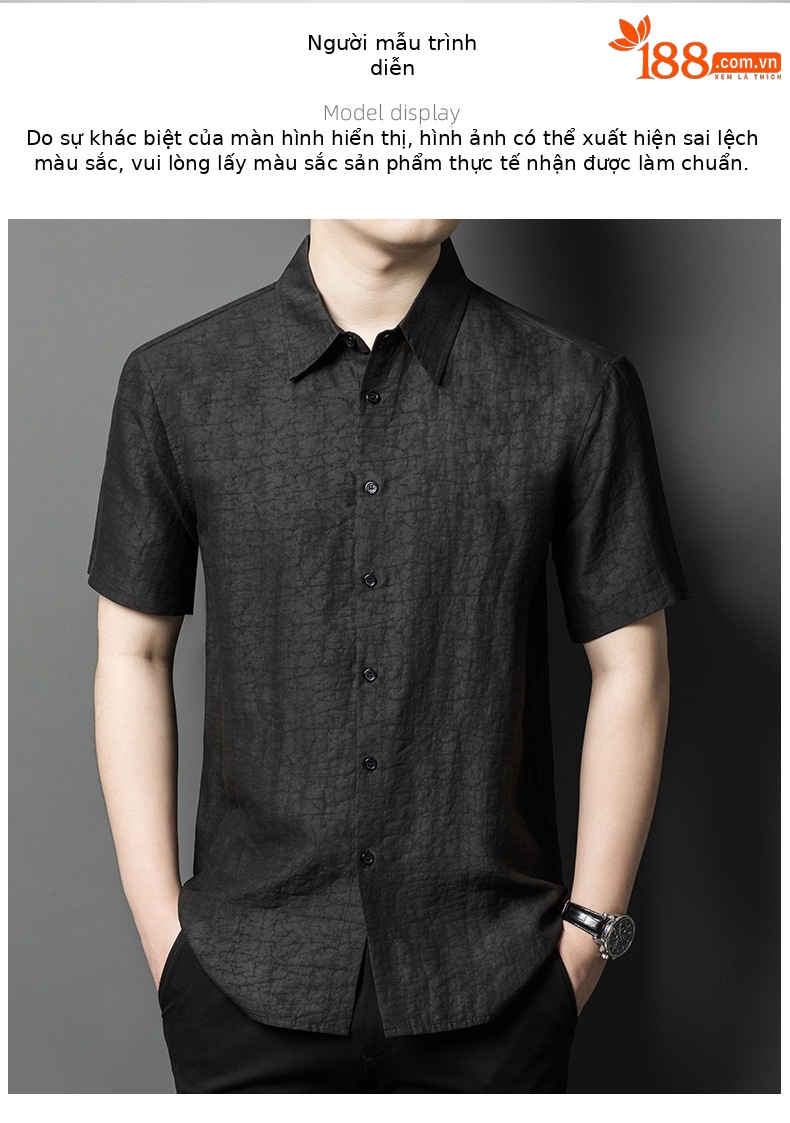 Áo sơ mi nam ngắn tay mulberry silk ve áo rộng, phom rộng thoáng khí mùa hè — Da đen 656008 chi tiết 9