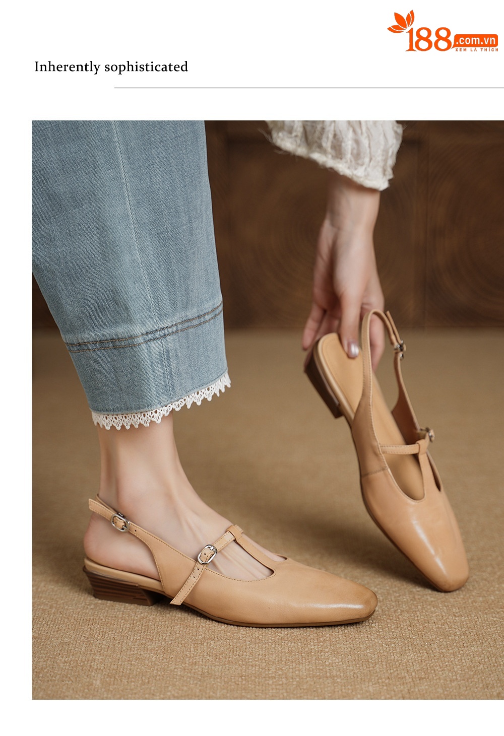 Sandal nữ quai ngang da bò gót vuông 3 cm khóa T — màu trắng ngà chi tiết 3