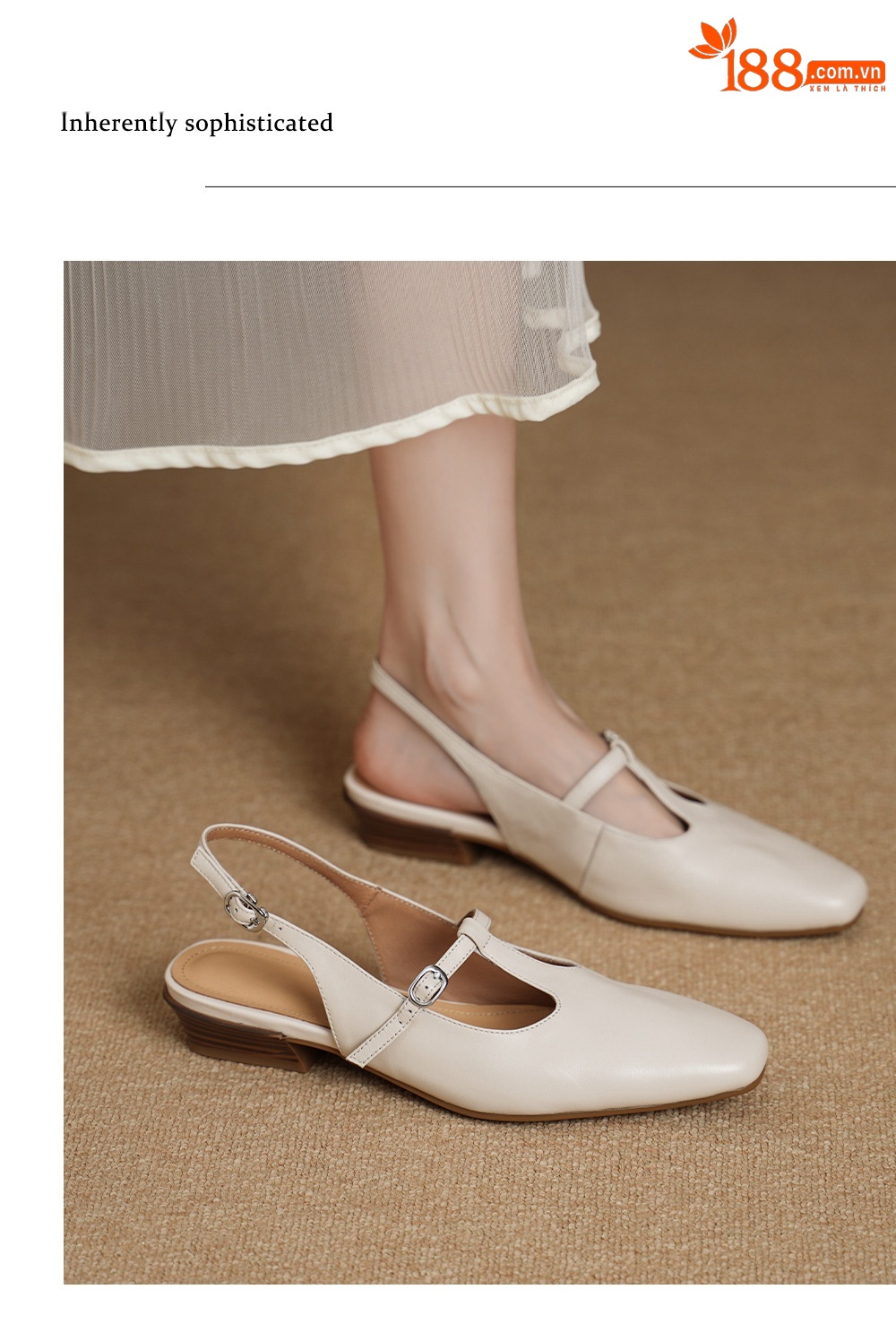 Sandal nữ quai ngang da bò gót vuông 3 cm khóa T — màu trắng ngà chi tiết 8