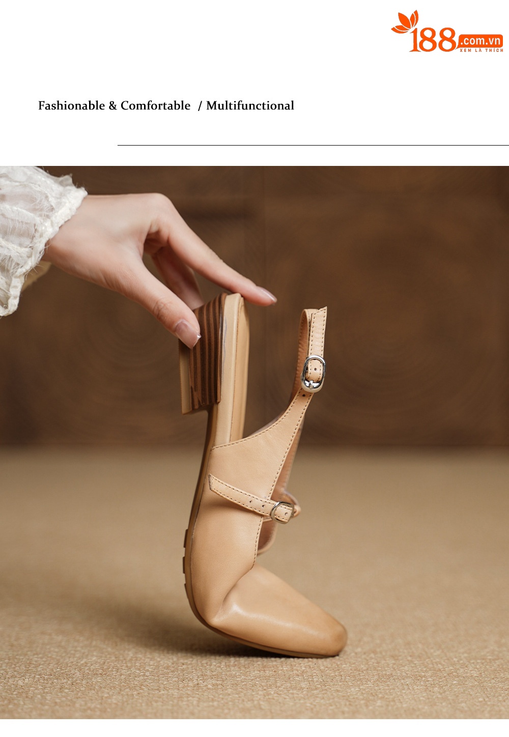 Sandal nữ quai ngang da bò gót vuông 3 cm khóa T — màu trắng ngà chi tiết 11