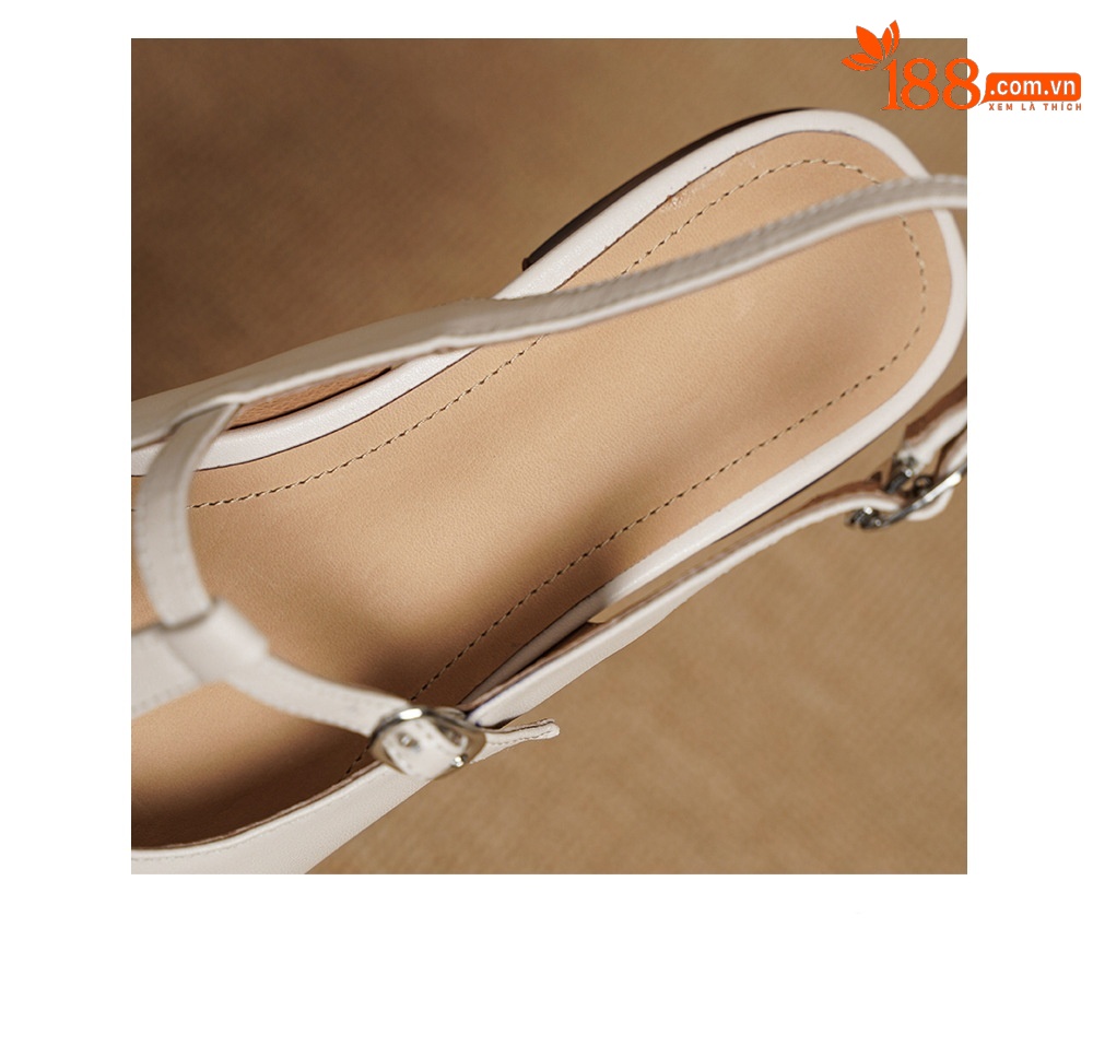 Sandal nữ quai ngang da bò gót vuông 3 cm khóa T — màu trắng ngà chi tiết 17