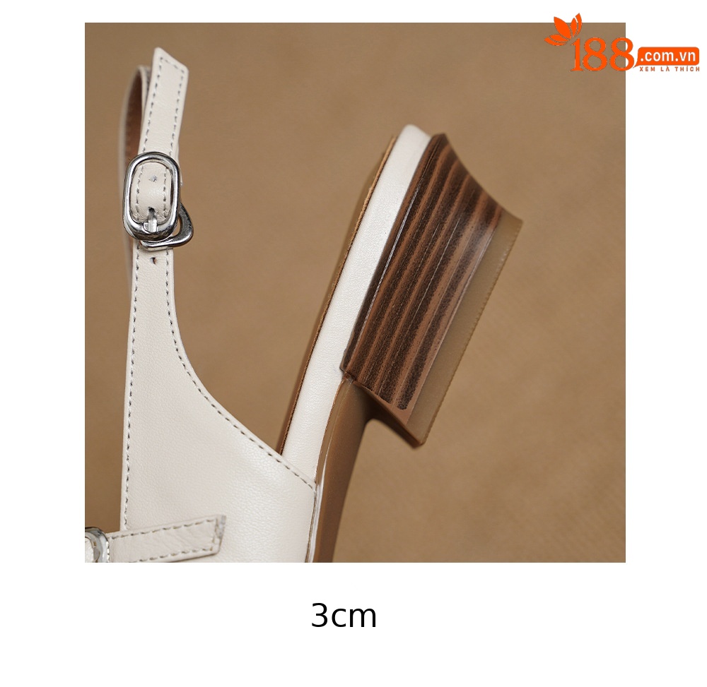 Sandal nữ quai ngang da bò gót vuông 3 cm khóa T — màu trắng ngà chi tiết 18