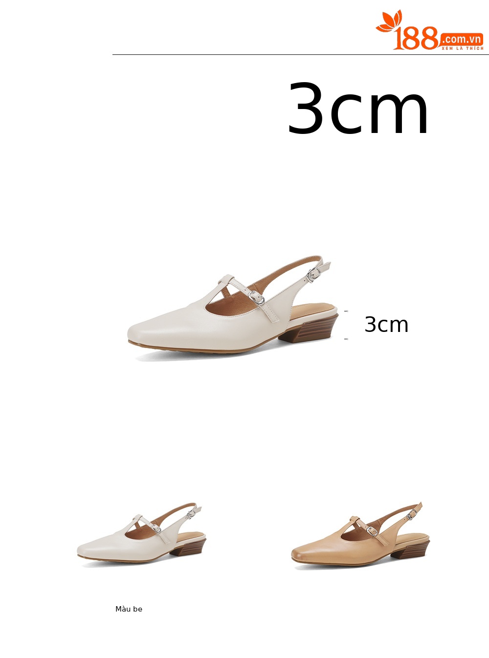 Sandal nữ quai ngang da bò gót vuông 3 cm khóa T — màu trắng ngà chi tiết 2