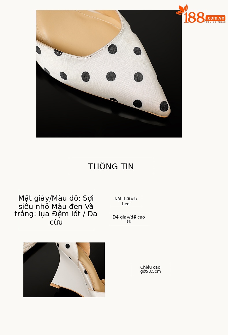 Giày cao gót nữ mũi nhọn phong cách Pháp họa tiết chấm bi, quai một khóa, gót xuồng — Trắng kem - Lụa, Đỏ - Da siêu mịn, Đen - Lụa chi tiết 2