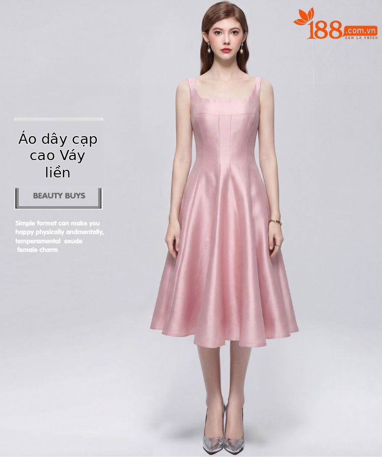 Đầm maxi nữ dây mảnh thắt eo phong cách Pháp thanh lịch — Champagne màu, màu thiên thanh, màu đen, màu hồng chi tiết 1