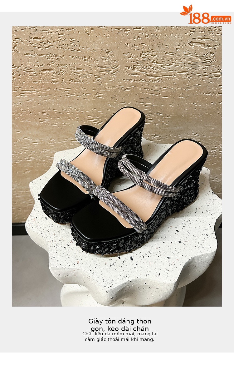 Sandal cao gót nữ mũi vuông hở ngón đính đá lấp lánh phong cách Pháp — màu đen, bạc chi tiết 3