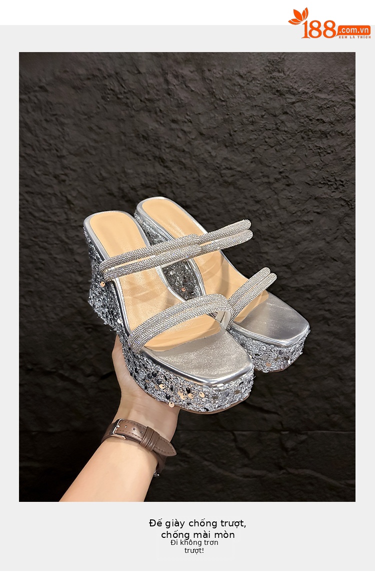 Sandal cao gót nữ mũi vuông hở ngón đính đá lấp lánh phong cách Pháp — màu đen, bạc chi tiết 5