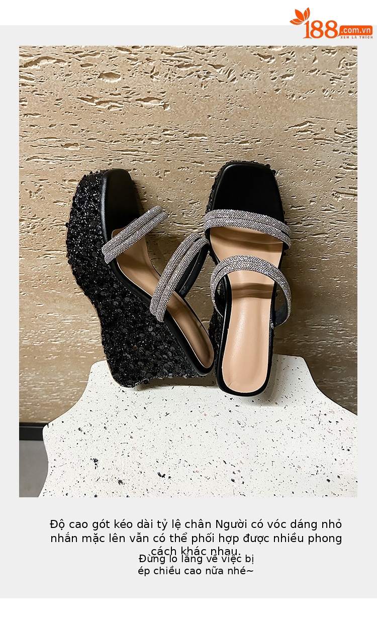 Sandal cao gót nữ mũi vuông hở ngón đính đá lấp lánh phong cách Pháp — màu đen, bạc chi tiết 6