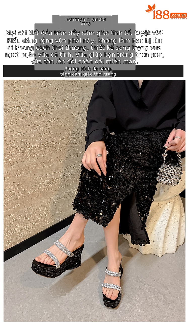 Sandal cao gót nữ mũi vuông hở ngón đính đá lấp lánh phong cách Pháp — màu đen, bạc chi tiết 1