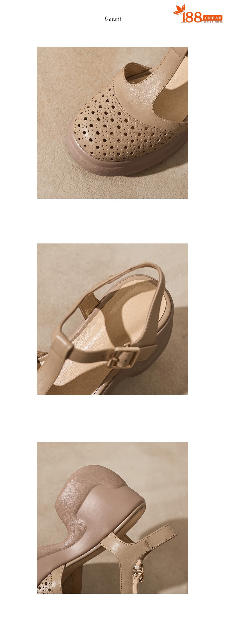 Sandal cao gót nữ quai ngang khóa T, đế dày 9.5 cm, gót thô — màu trắng ngà chi tiết 12