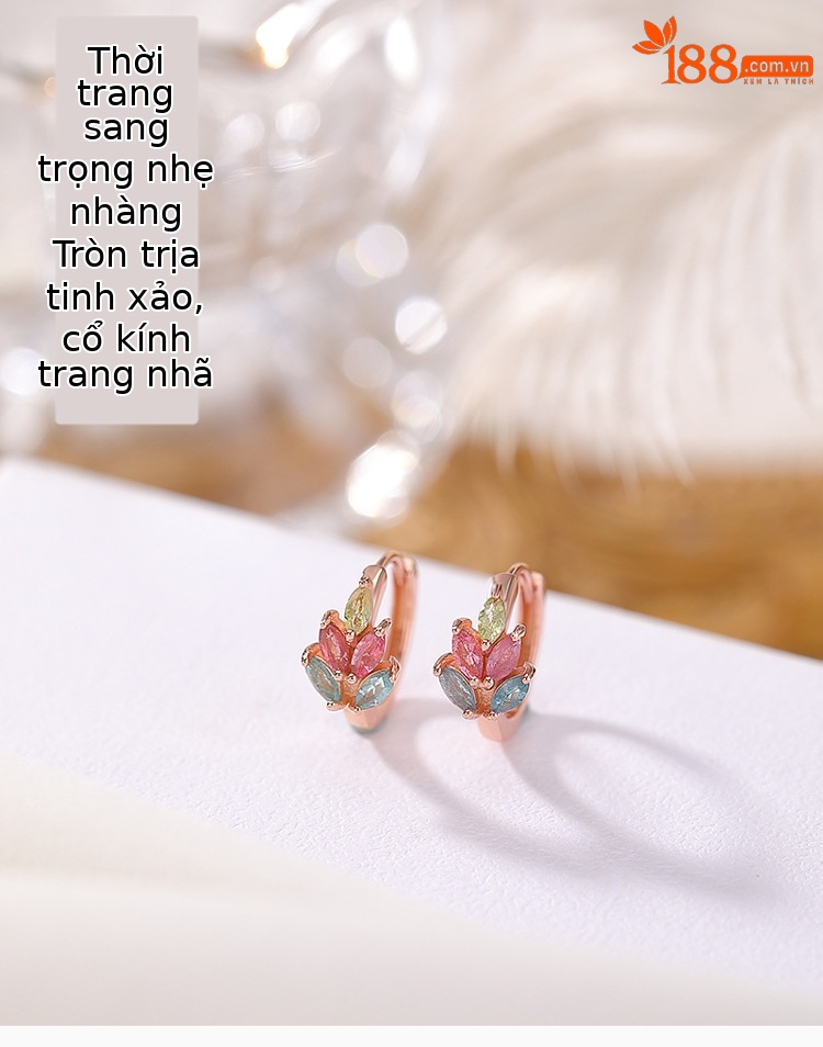 Bông tai stud bạc S925 mạ hồng vàng đính đá bích tỉ hình hạt lúa mạch — Một đôi (Bích Tỉ màu sắc ngẫu nhiên) chi tiết 1