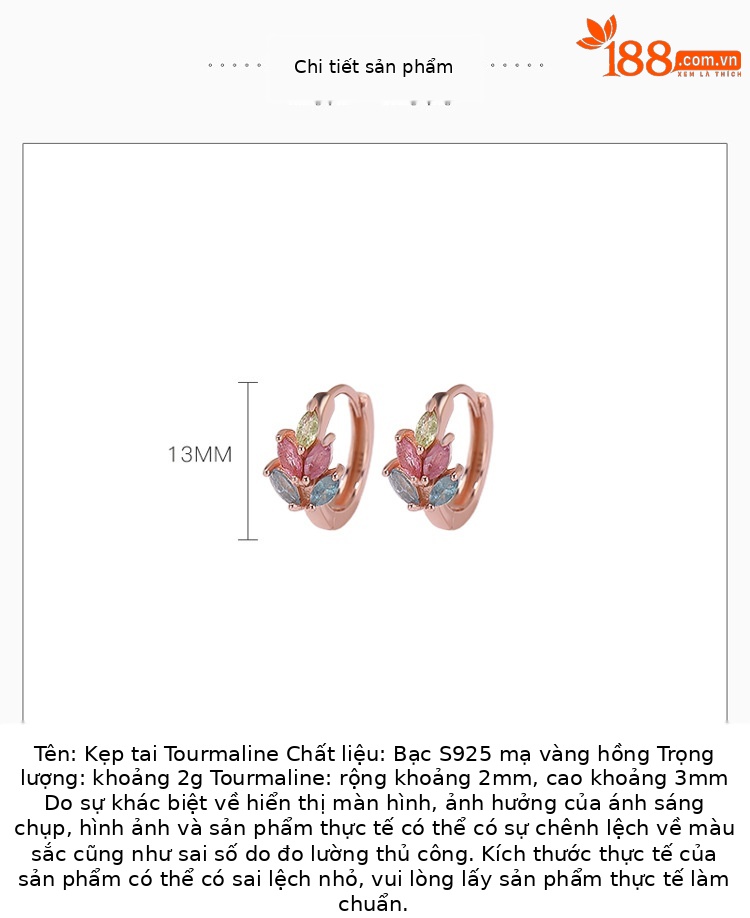 Bông tai stud bạc S925 mạ hồng vàng đính đá bích tỉ hình hạt lúa mạch — Một đôi (Bích Tỉ màu sắc ngẫu nhiên) chi tiết 2