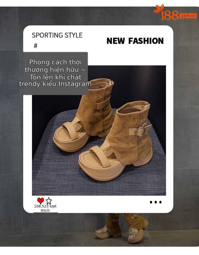 Sandal nữ đế dày hở mũi phong cách La Mã mùa hè 2026 — Nâu caramel 5069-1, Be 5069, Đen 5069-1, Nâu caramel 5069 chi tiết 3