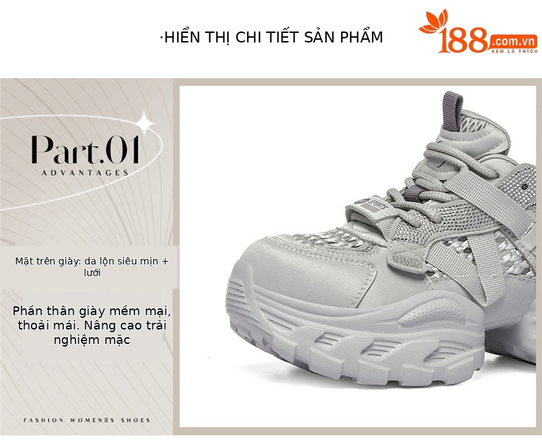 Giày sneaker nữ chunky đế dày, lưới thoáng khí, tăng chiều cao — 6116 Màu be, 6116 Xám tím chi tiết 9