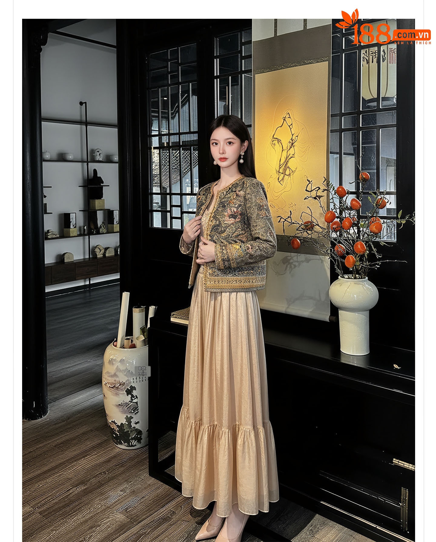 Bộ váy áo khoác + đầm maxi thắt eo phong cách Tân Trung Hoa, họa tiết jacquard nổi bật — nửa váy, Trang chủ, áo khoác chi tiết 3