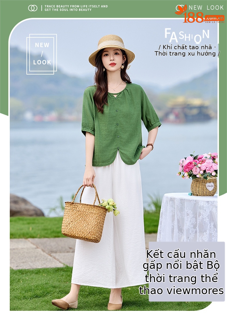 Bộ sơ mi phối quần ống đứng hai mảnh phong cách tân cổ điển MM6615 — màu sắc, xanh lá cây chi tiết 1
