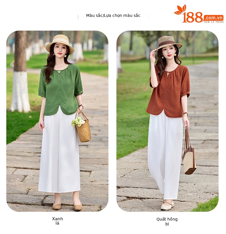 Bộ sơ mi phối quần ống đứng hai mảnh phong cách tân cổ điển MM6615 — màu sắc, xanh lá cây chi tiết 11