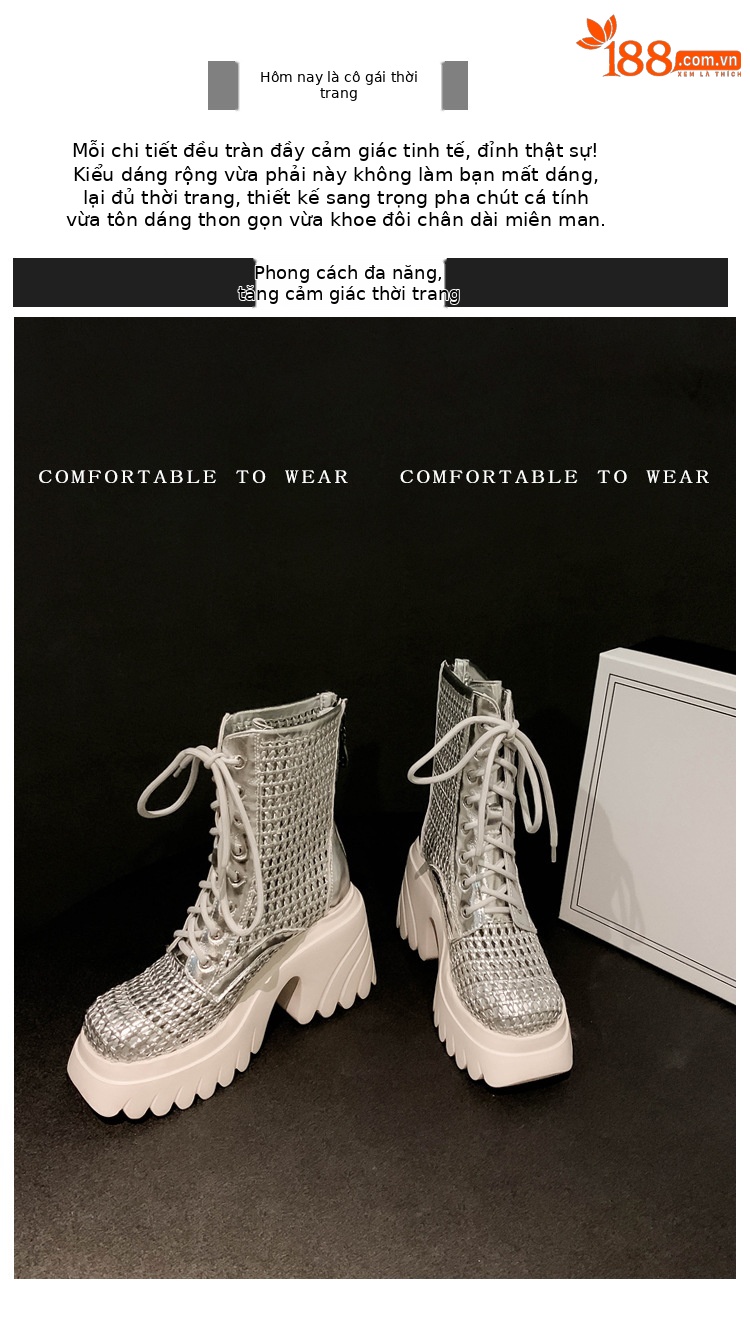 Boot nữ cổ thấp đế dày tăng chiều cao, gót thô đan thoáng khí — màu đen, màu trắng ngà, bạc chi tiết 2